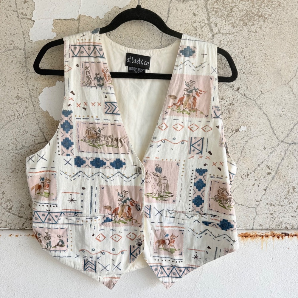Vintage Western Vest Cowboy Horse Rodeo Print Southwestern Cotton At Last & Co L